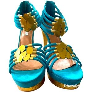 Teal and gold high heels size 8.